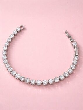 Platinum Plated Tennis Bracelet High Polish Statement Dainty Real Crystal